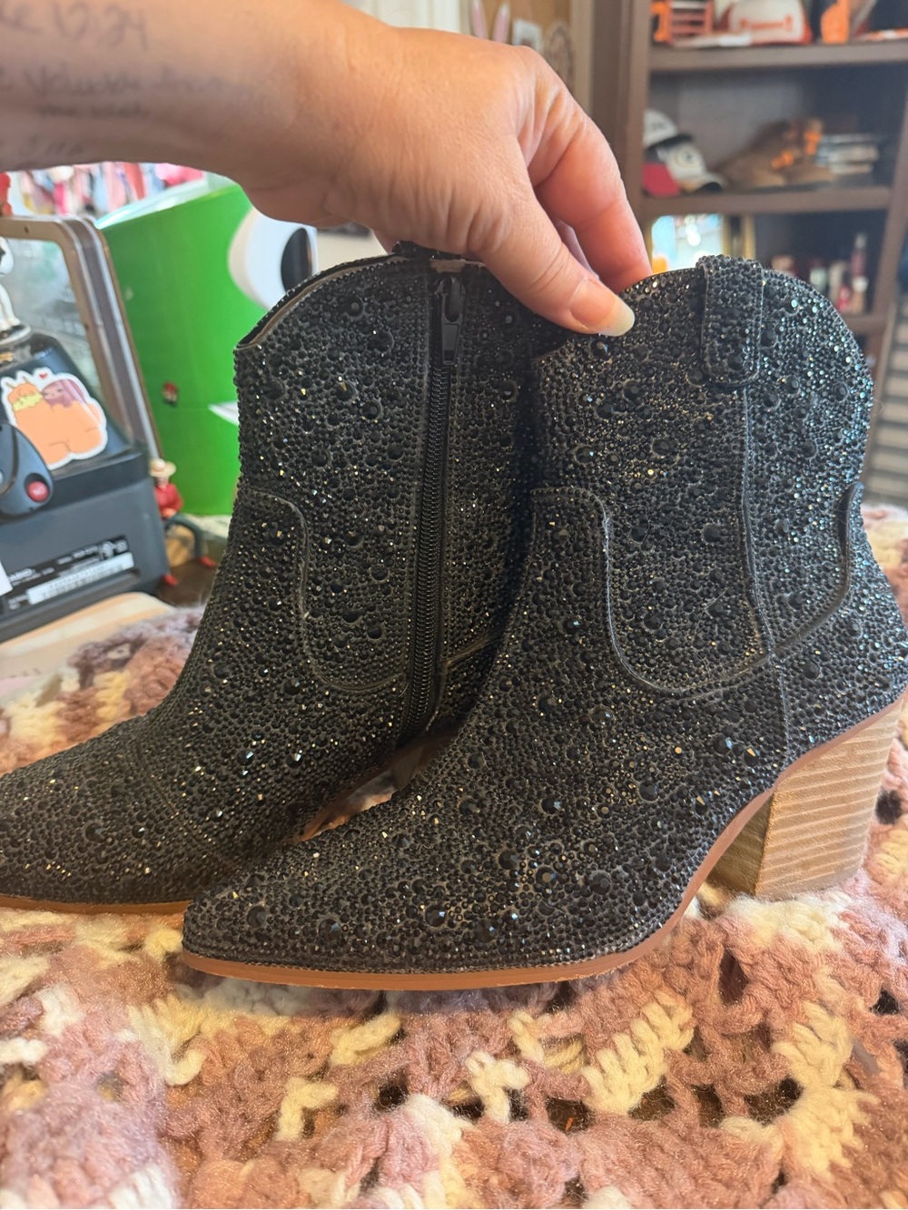 Betsey Johnson SB-DIVA Black Rhinestone Western Ankle Boots Size 7.5